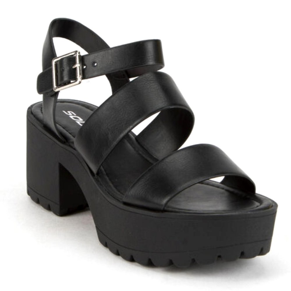New Black Band Platform Chunky Lug Heel Sandals - Picture 4 of 5
